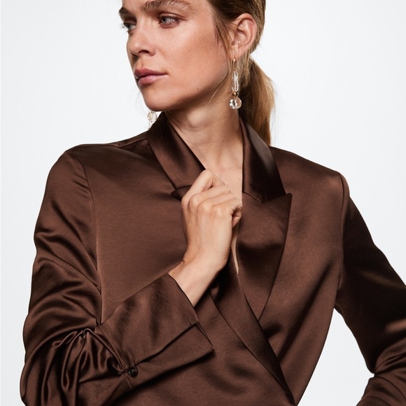 Mango NWT Satin double-breasted jacket Brown Small - Picture 2 of 8